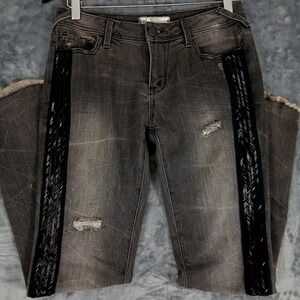Free People Jeans Womens 26 Gray Beaded Side Stripe Skinny Distressed Raw Hem